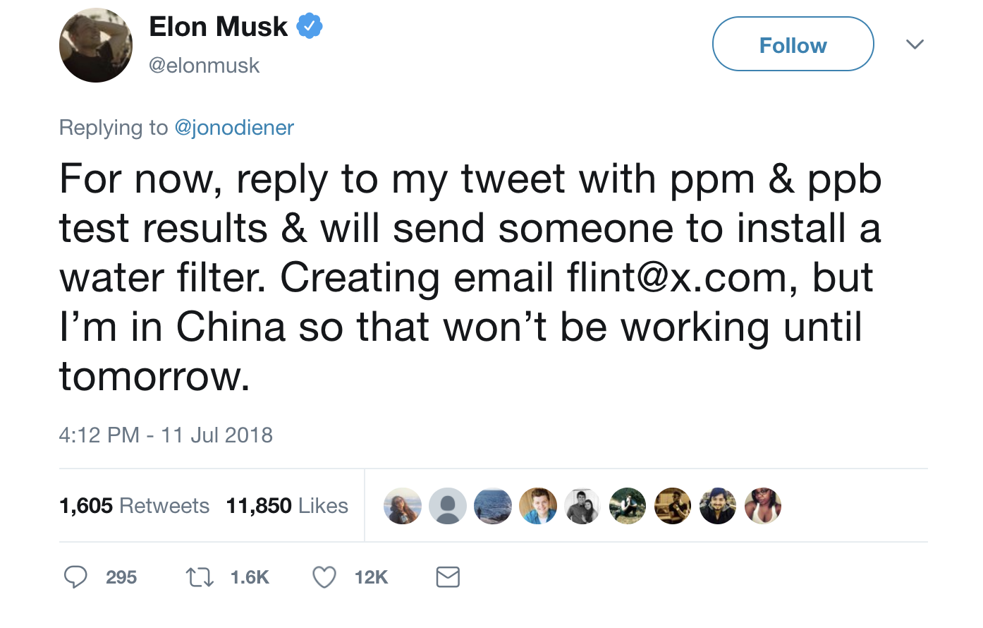 Elon Musk Flint Water Filter Tweet